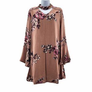Altar'd State Floral Print Bell Sleeve Tunic Mini Dress Cutout Choker Loose Fit
